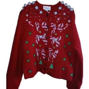 Vintage Y2K Tally-Ho  Christmas Wool Cardigan Sz L Embellished‎ Large